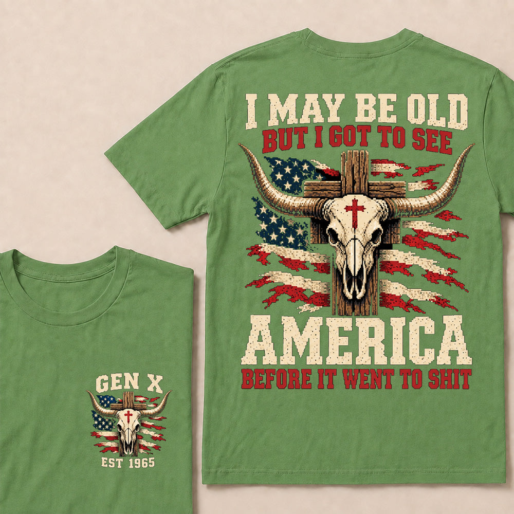 Retro Western Cow Skull & Cross Tee | Distressed American Flag Patriotic Graphic T-Shirt