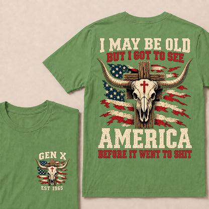 Retro Western Cow Skull & Cross Tee | Distressed American Flag Patriotic Graphic T-Shirt