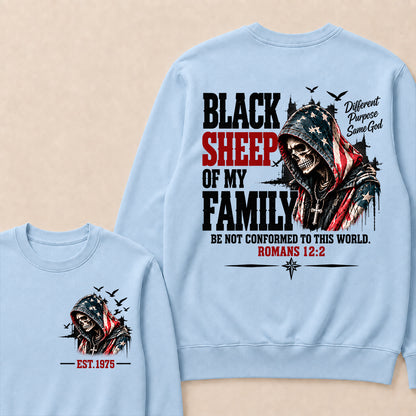 Black Sheep Of My Family Romans 12:2 EST.Year American Flag Skull Print Sweatshirt Christian Faith Vintage Graphic Sweatshirt