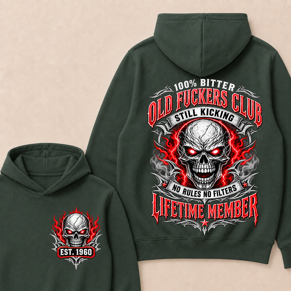 100% Bitter Old Fuckers Club Lifetime Member – Custom EST.Year Red-Eyed Skull Graphic Hoodie