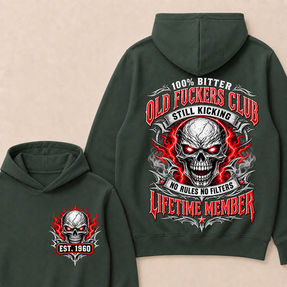 100% Bitter Old Fuckers Club Lifetime Member – Custom EST.Year Red-Eyed Skull Graphic Hoodie