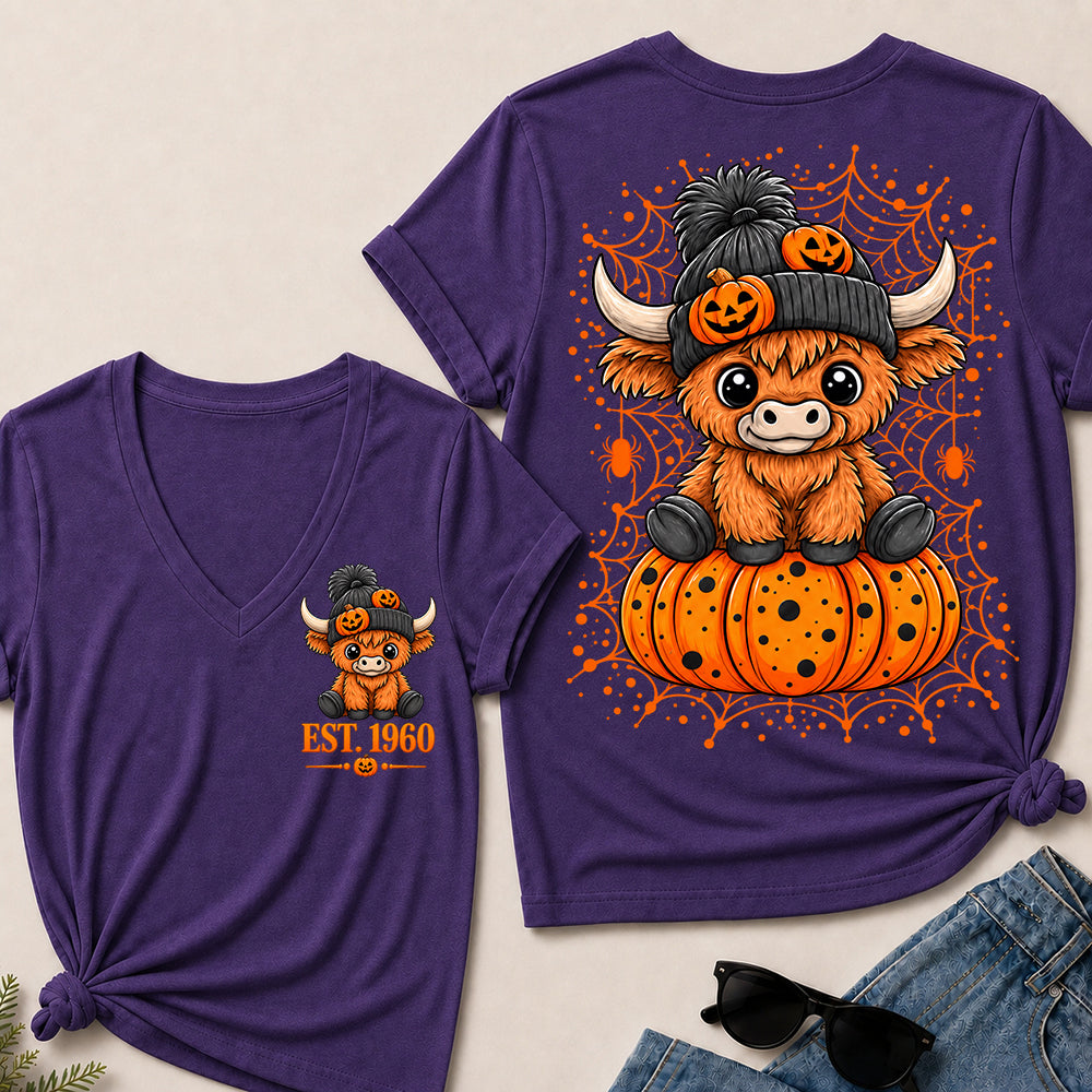 Custom EST.Year Cute Halloween Highland Cow & Pumpkin Women’s V-Neck T-Shirt