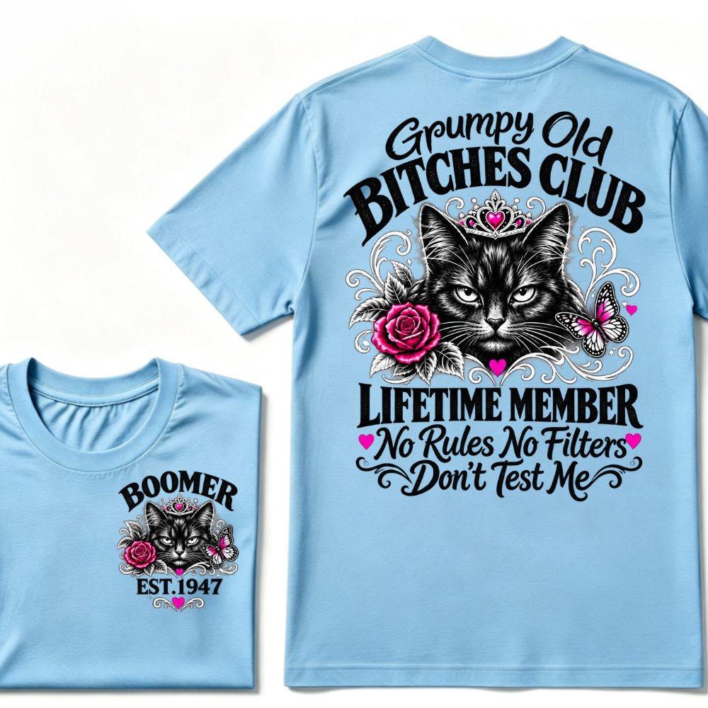 Boomer EST.Year Grumpy Old Club Crown Cat Rose Butterfly Sarcastic Graphic T-Shirt