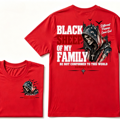 Black Sheep Of My Family Romans 12:2 EST.Year American Flag Skull Print T‑Shirt Christian Faith Vintage Graphic Tee