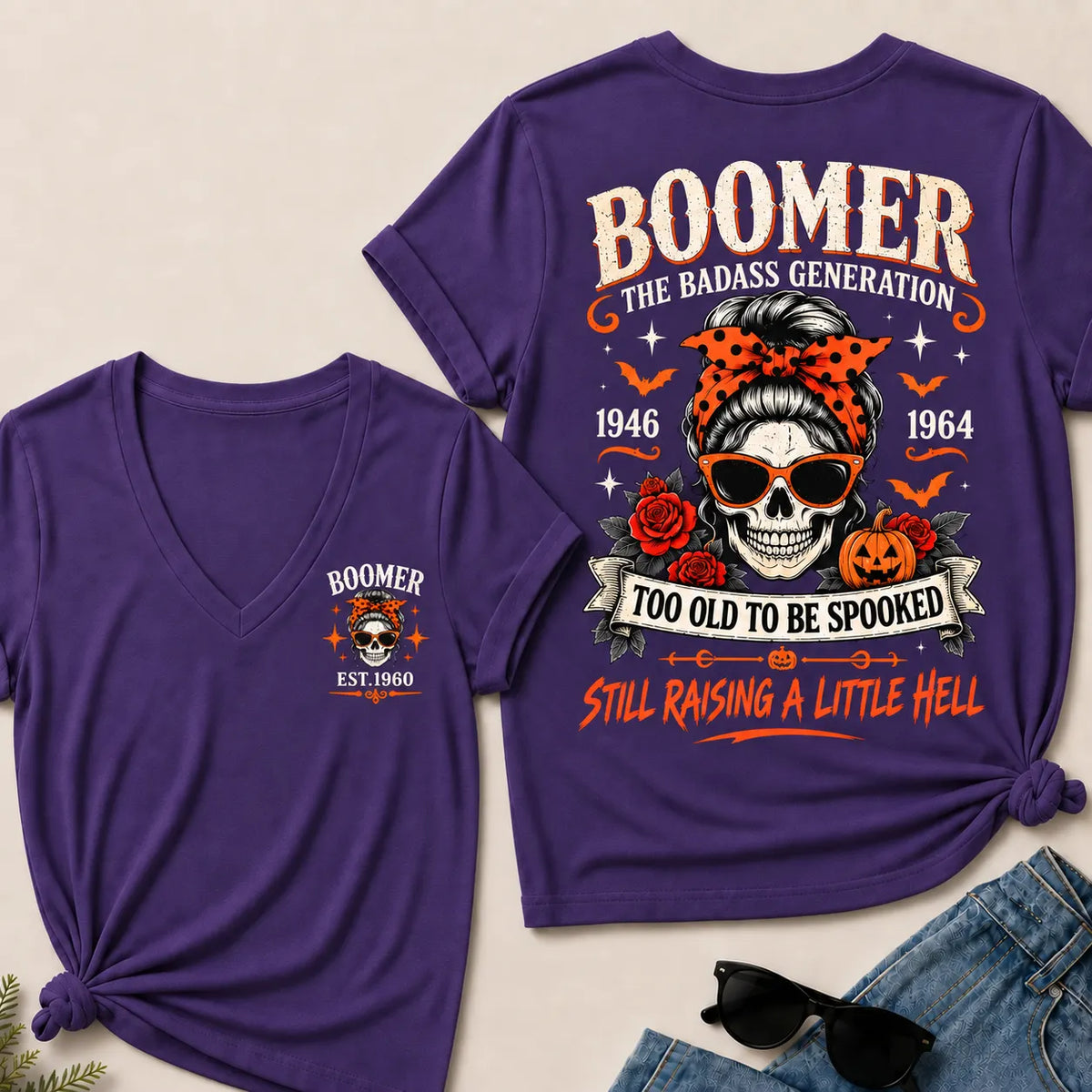 Personalized Boomer Too Old To Be Spooked Halloween V-Neck T-Shirt