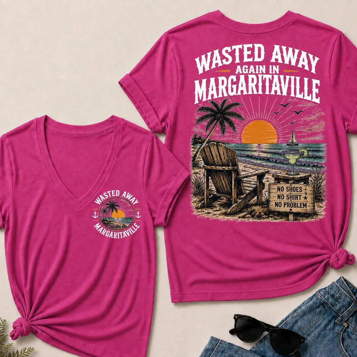 "Wasted Away Again In Margaritaville" Vintage Beach V-Neck T-Shirt | No Shoes, No Shirt, No Problem Tee