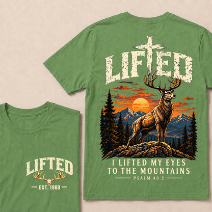 Custom EST.Year Lifted I Lifted My Eyes To The Mountains – Christian Deer & Mountain Graphic Tee