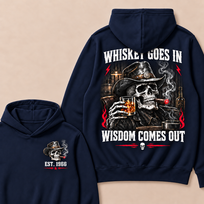 "Whiskey Goes In, Wisdom Comes Out"–Custom EST.Year Cowboy Skull & Cigar Hoodie