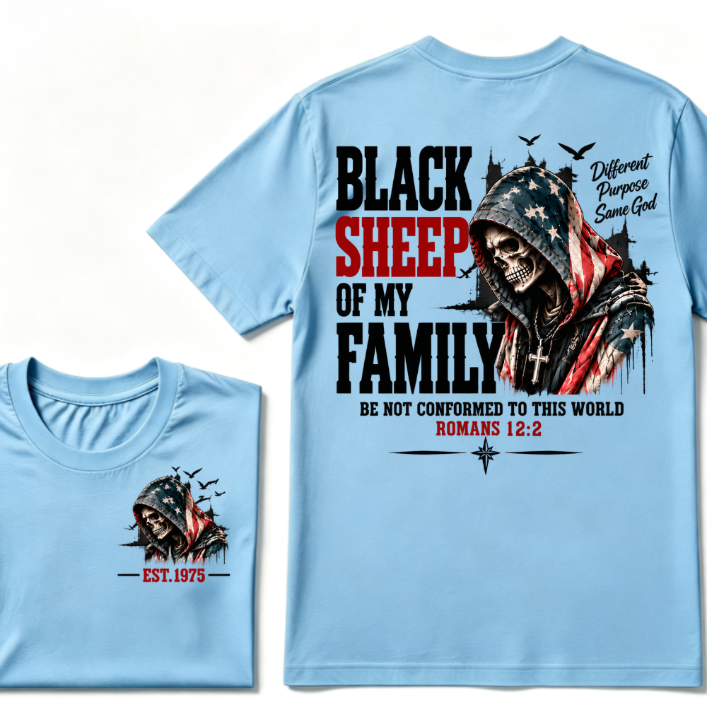 Black Sheep Of My Family Romans 12:2 EST.Year American Flag Skull Print T‑Shirt Christian Faith Vintage Graphic Tee