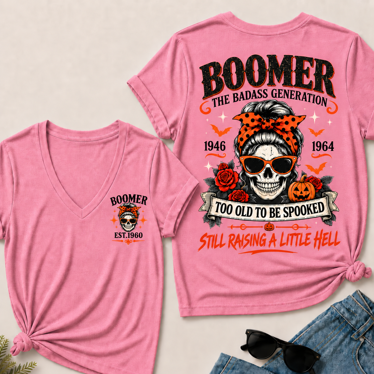 Personalized Boomer Too Old To Be Spooked Halloween V-Neck T-Shirt