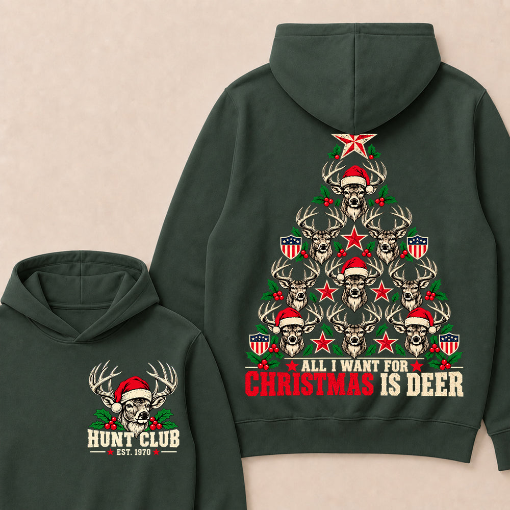 All I Want for Christmas Is Deer – Custom EST. Year Hunt Club Deer Christmas Tree Hoodie