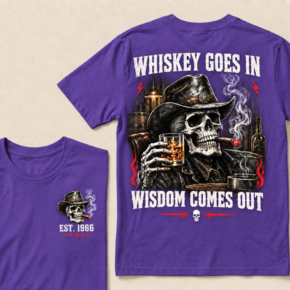 "Whiskey Goes In, Wisdom Comes Out" – EST.1966 Cowboy Skull Graphic Tee, Retro Western Whiskey & Cigar Shirt for Men