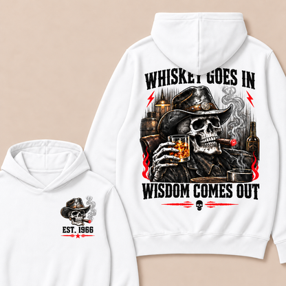 "Whiskey Goes In, Wisdom Comes Out"–Custom EST.Year Cowboy Skull & Cigar Hoodie