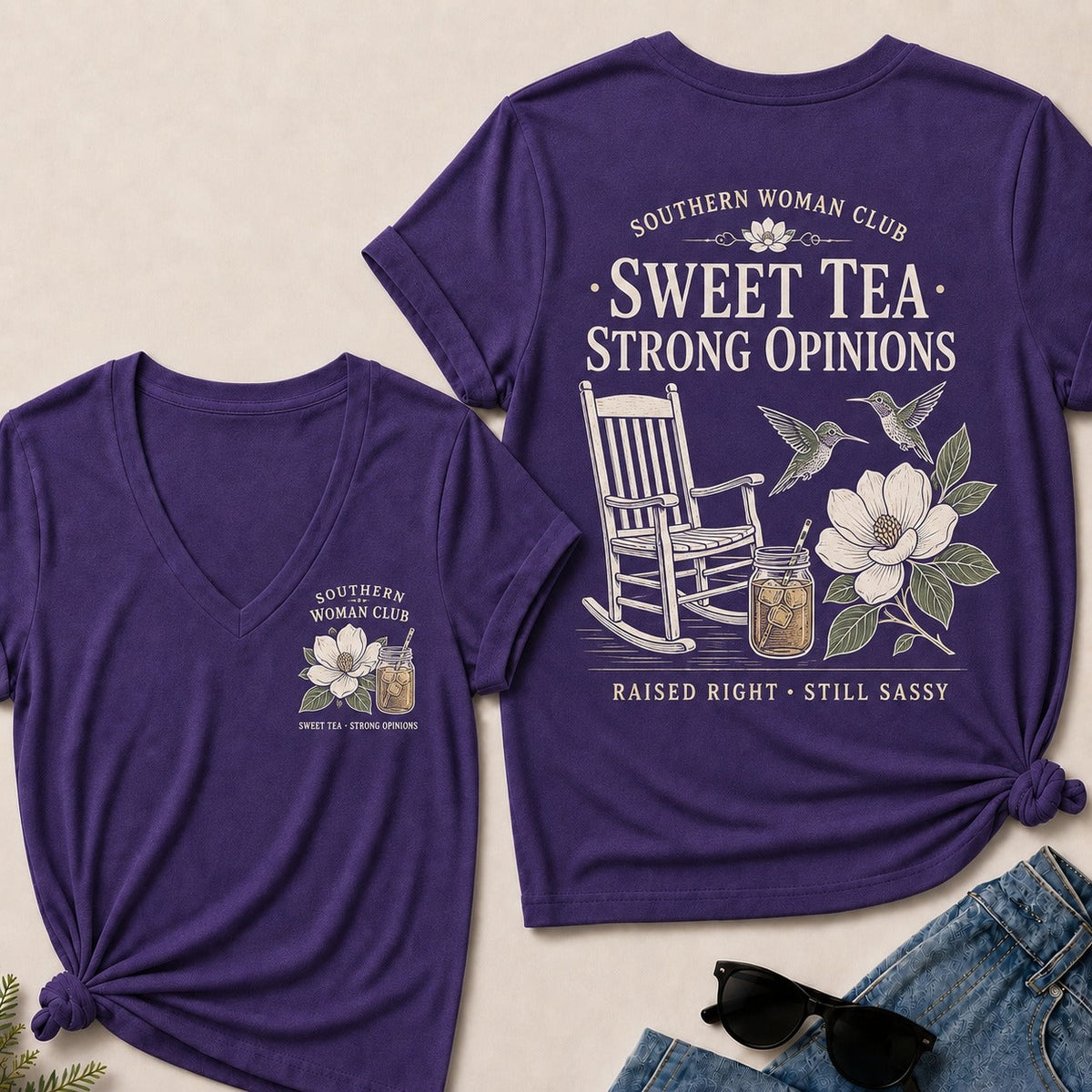 Southern Woman Club Sweet Tea Strong Opinions V-Neck T-shirts– Vintage Magnolia Graphic  V-Neck T-shirts For Southern Women
