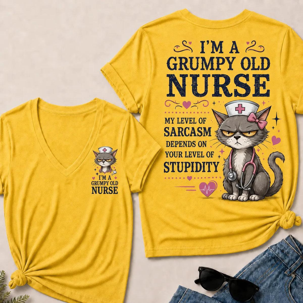 "Grumpy Old Nurse – Sarcasm Level Depends on Your Stupidity" V-Neck Tee