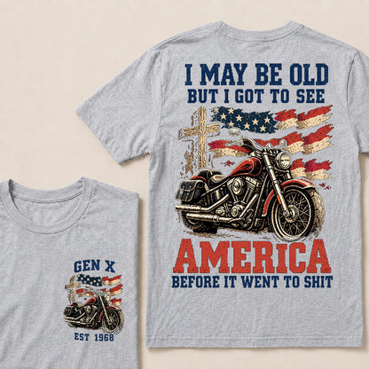 Vintage American Motorcycle & Cross T-Shirt | Patriotic Biker "I May Be Old" Graphic Tee