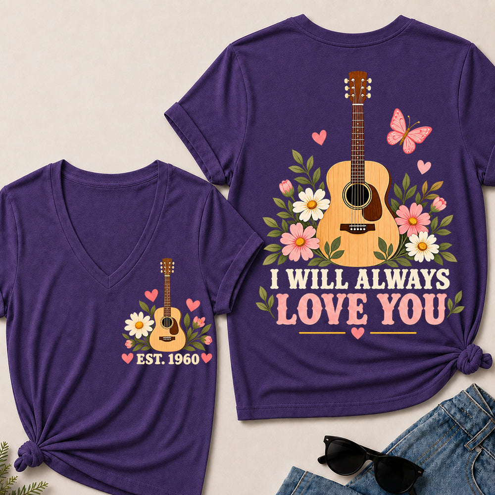 I Will Always Love You – Custom EST.Year Floral Acoustic Guitar Women’s V-Neck T-Shirt