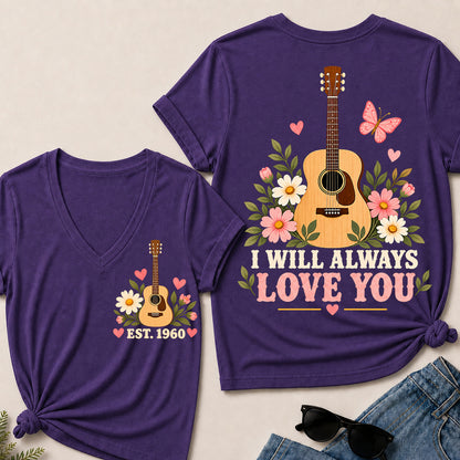I Will Always Love You – Custom EST.Year Floral Acoustic Guitar Women’s V-Neck T-Shirt