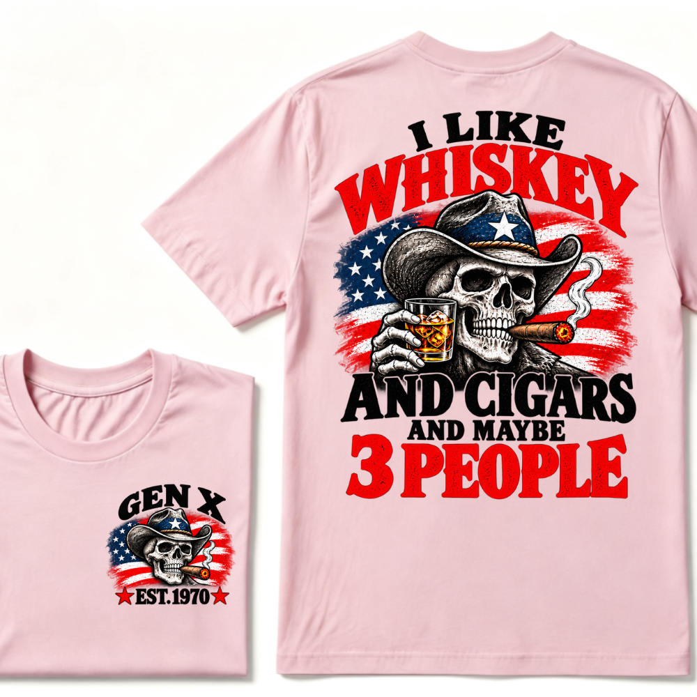 Gen X EST.Year I Like Whiskey And Cigars And Maybe 3 People Cowboy Skull American Flag Graphic T-Shirt