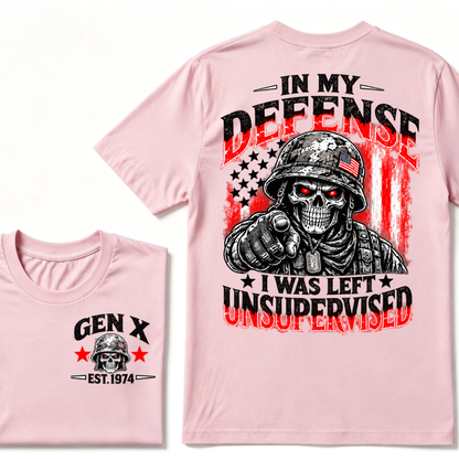 Gen X EST.Year In My Defense I Was Left Unsupervised Soldier Skull American Flag Graphic T-Shirt