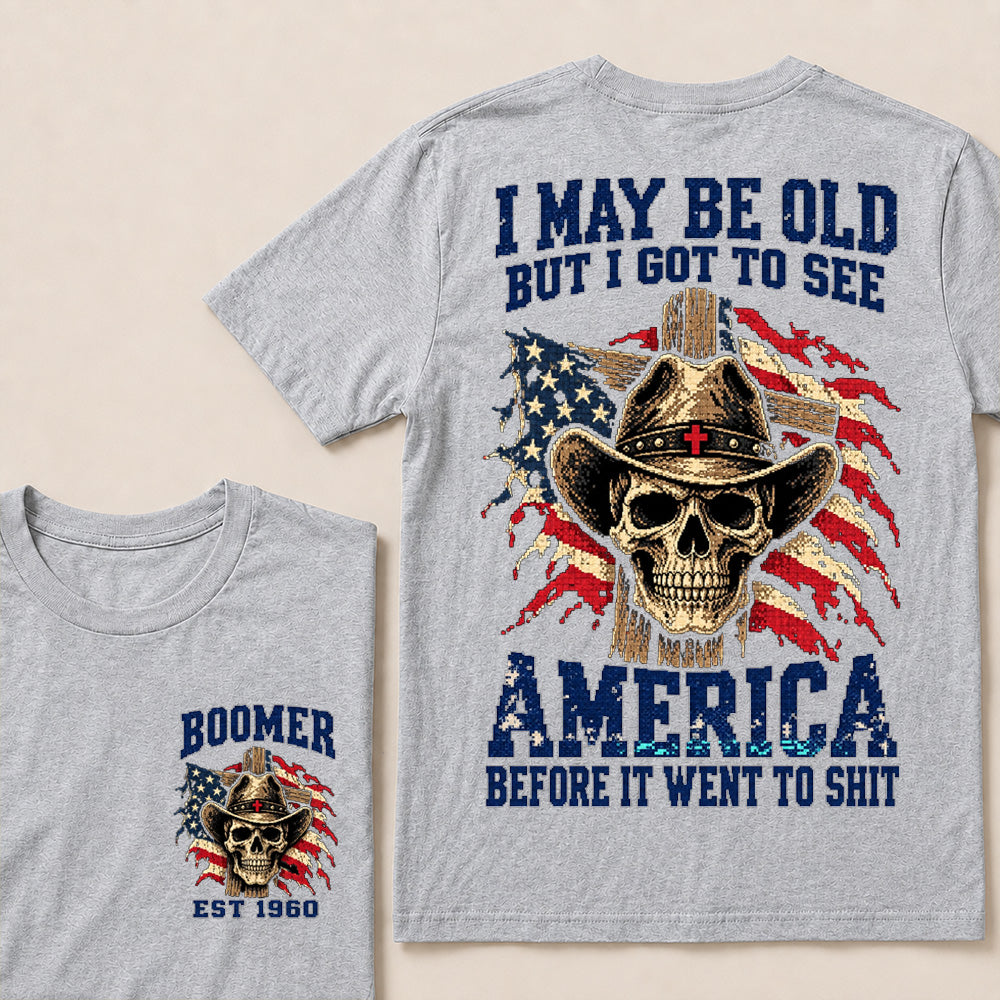 Vintage Western Cowboy Skull T-Shirt | Cross Hat & American Flag "I May Be Old" Graphic Tee
