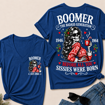 Boomer The Badass Generation Before All You Sissies Were Born – Custom EST. Year Christmas Sweater Skeleton Women’s V-Neck T-Shirt