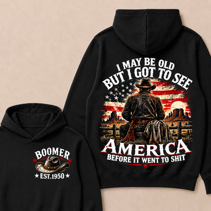 Boomer Custom Year Hoodie, Vintage Western Cowboy Graphic Tee, "I May Be Old But I Got To See America" Back Print