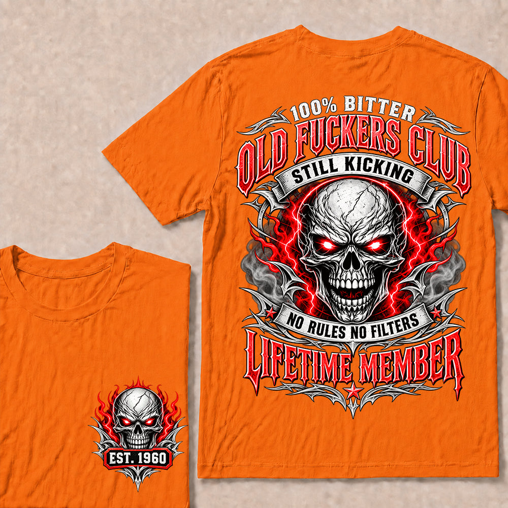 100% Bitter Old Fuckers Club Lifetime Member – Custom EST.Year Red-Eyed Skull Graphic T-Shirt