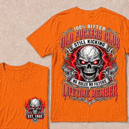 100% Bitter Old Fuckers Club Lifetime Member – Custom EST.Year Red-Eyed Skull Graphic T-Shirt