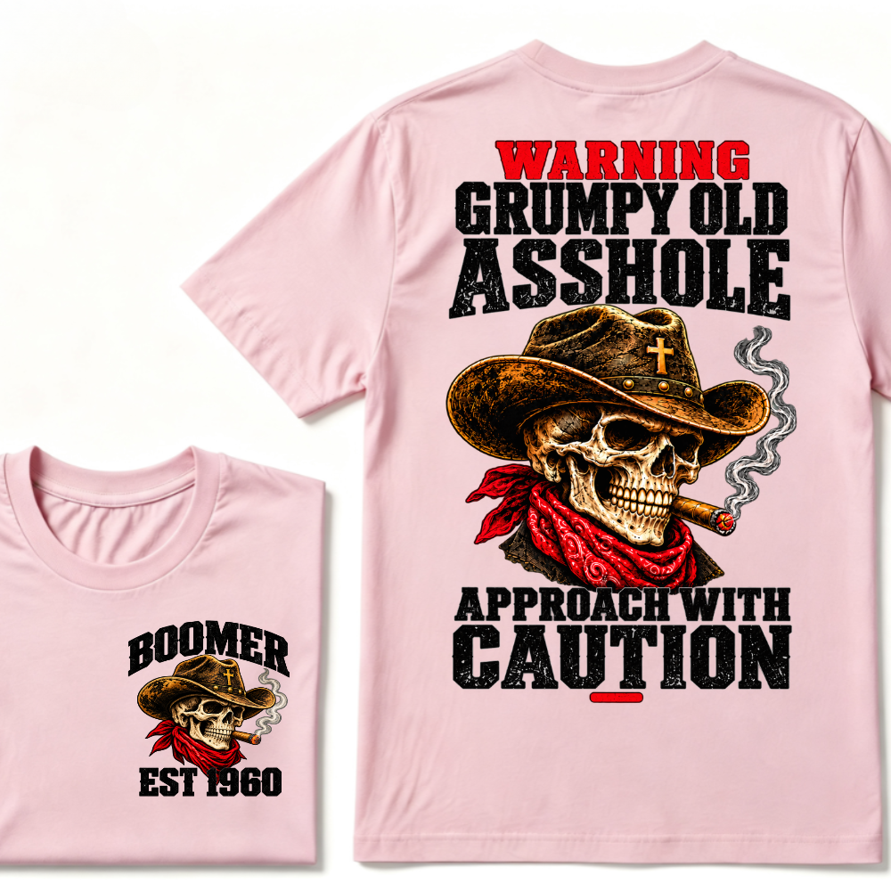 WARNING GRUMPY OLD ASSHOLE APPROACH WITH CAUTION EST.Year Vintage Western Cowboy Skull Tee