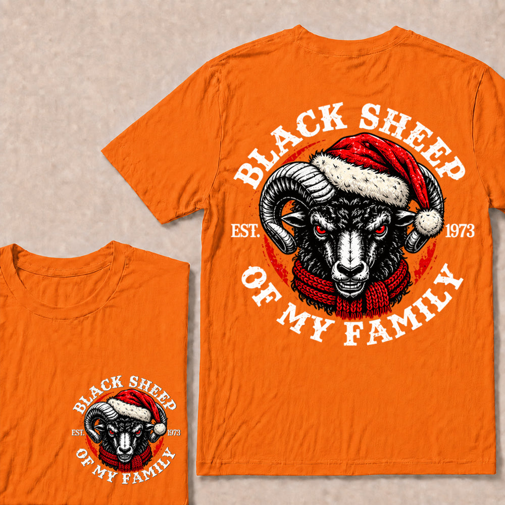 Black Sheep of My Family – Custom EST. Year Christmas Ram & Red Scarf Graphic T-Shirt