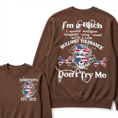 Gen X EST.Year Messy Bun American Flag Skull Low Tolerance Sarcastic Graphic Crewneck Sweatshirt