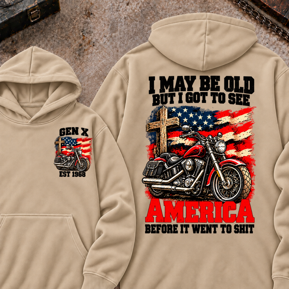 I May Be Old But I Got To See America Before It Went To Shit EST.Year Vintage Motorcycle Cross American Flag Graphic Pullover Hoodie