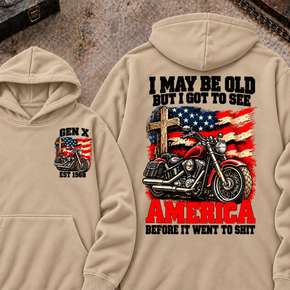 I May Be Old But I Got To See America Before It Went To Shit EST.Year Vintage Motorcycle Cross American Flag Graphic Pullover Hoodie