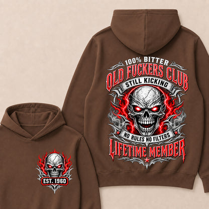 100% Bitter Old Fuckers Club Lifetime Member – Custom EST.Year Red-Eyed Skull Graphic Hoodie