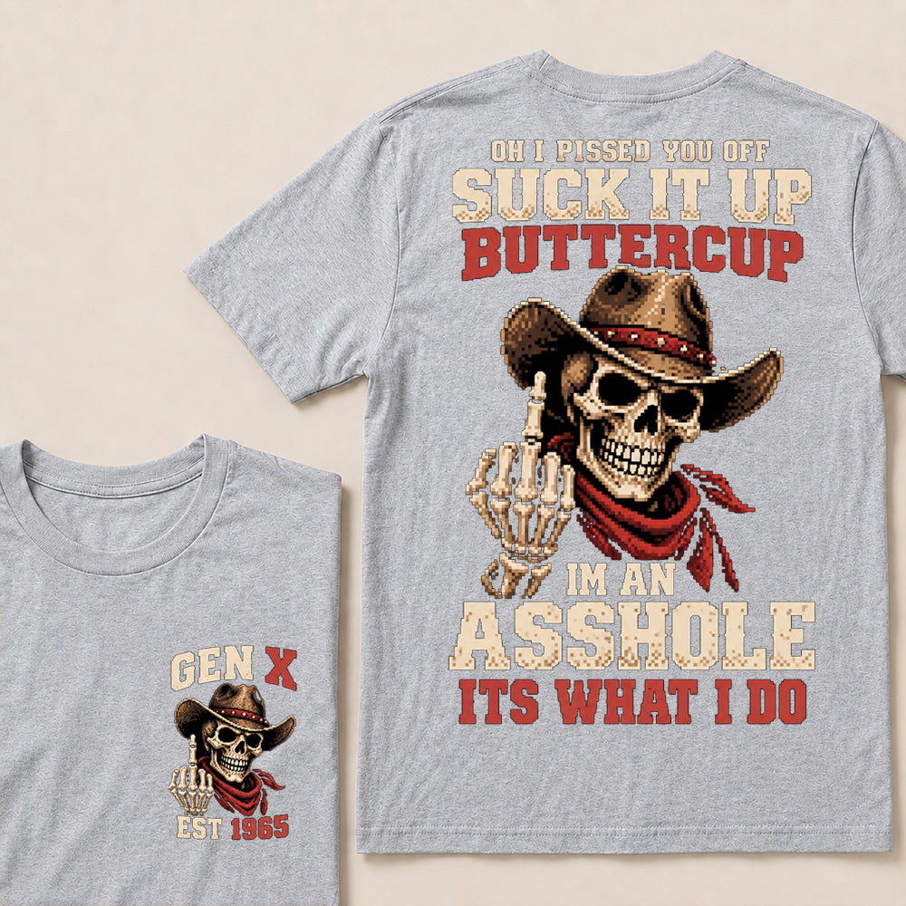Retro Pixel Cowboy Skull Graphic Tee | "Suck It Up Buttercup" Gen X Sarcastic T-Shirt