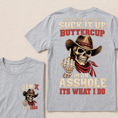 Retro Pixel Cowboy Skull Graphic Tee | "Suck It Up Buttercup" Gen X Sarcastic T-Shirt