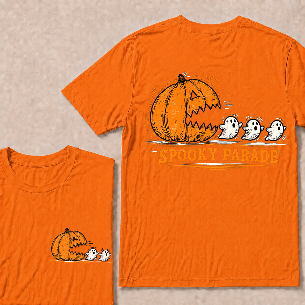 Spooky Parade – Vintage Halloween Pumpkin & Ghosts Graphic T-Shirt