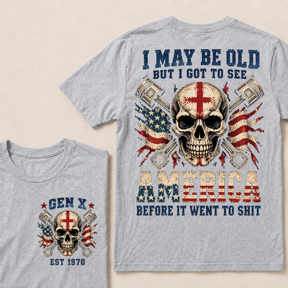 Retro Pixel Crossed Pistons & Skull T-Shirt | Patriotic Biker "I May Be Old" Graphic Tee