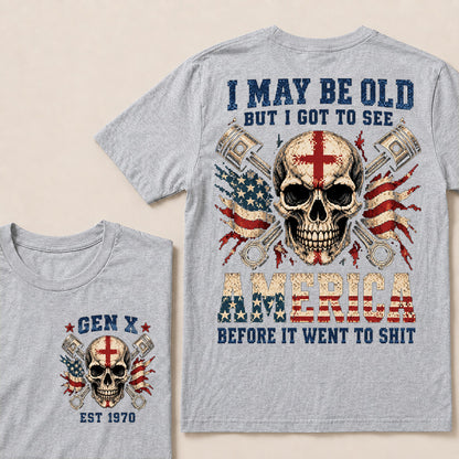 Retro Pixel Crossed Pistons & Skull T-Shirt | Patriotic Biker "I May Be Old" Graphic Tee