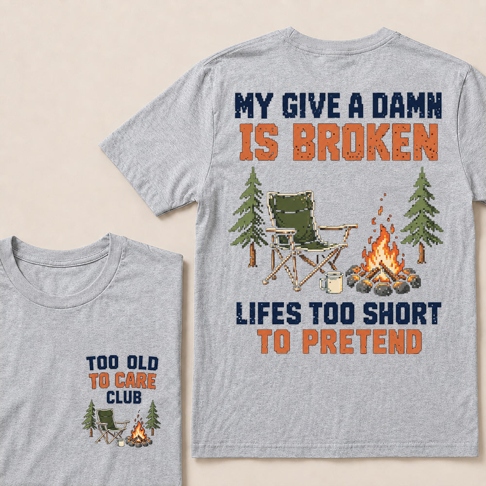 Retro Pixel Campfire & Chair T-Shirt | "My Give A Damn Is Broken" Funny Camping Tee