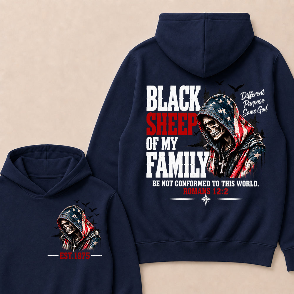 "Black Sheep Of My Family" – Romans 12:2 Christian Skull Hoodie, Different Purpose Same God Graphic Sweatshirt, Patriotic Faith Apparel