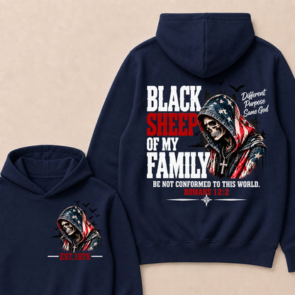 "Black Sheep Of My Family" – Romans 12:2 Christian Skull Hoodie, Different Purpose Same God Graphic Sweatshirt, Patriotic Faith Apparel