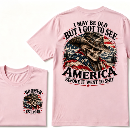 Boomer EST.Year Cowboy Skull American Flag I May Be Old But I Got To See America Vintage Graphic T-Shirt