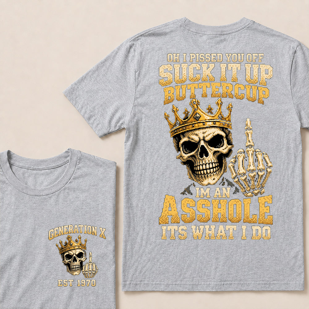 Retro Pixel Gold Crown Skull T-Shirt | "Suck It Up Buttercup" Sarcastic Gen X Tee