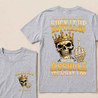 Retro Pixel Gold Crown Skull T-Shirt | "Suck It Up Buttercup" Sarcastic Gen X Tee