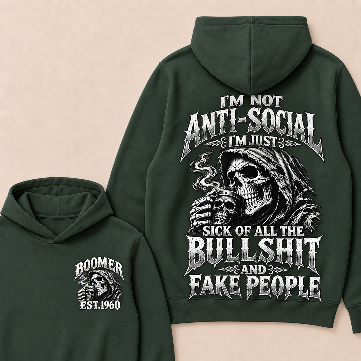 Custom EST.Year I'm Not Anti-Social I'm Just Sick Of All The Bullshit And Fake People – Boomer Vintage Skull Graphic Hoodie