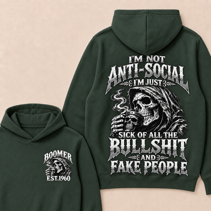 Custom EST.Year I'm Not Anti-Social I'm Just Sick Of All The Bullshit And Fake People – Boomer Vintage Skull Graphic Hoodie