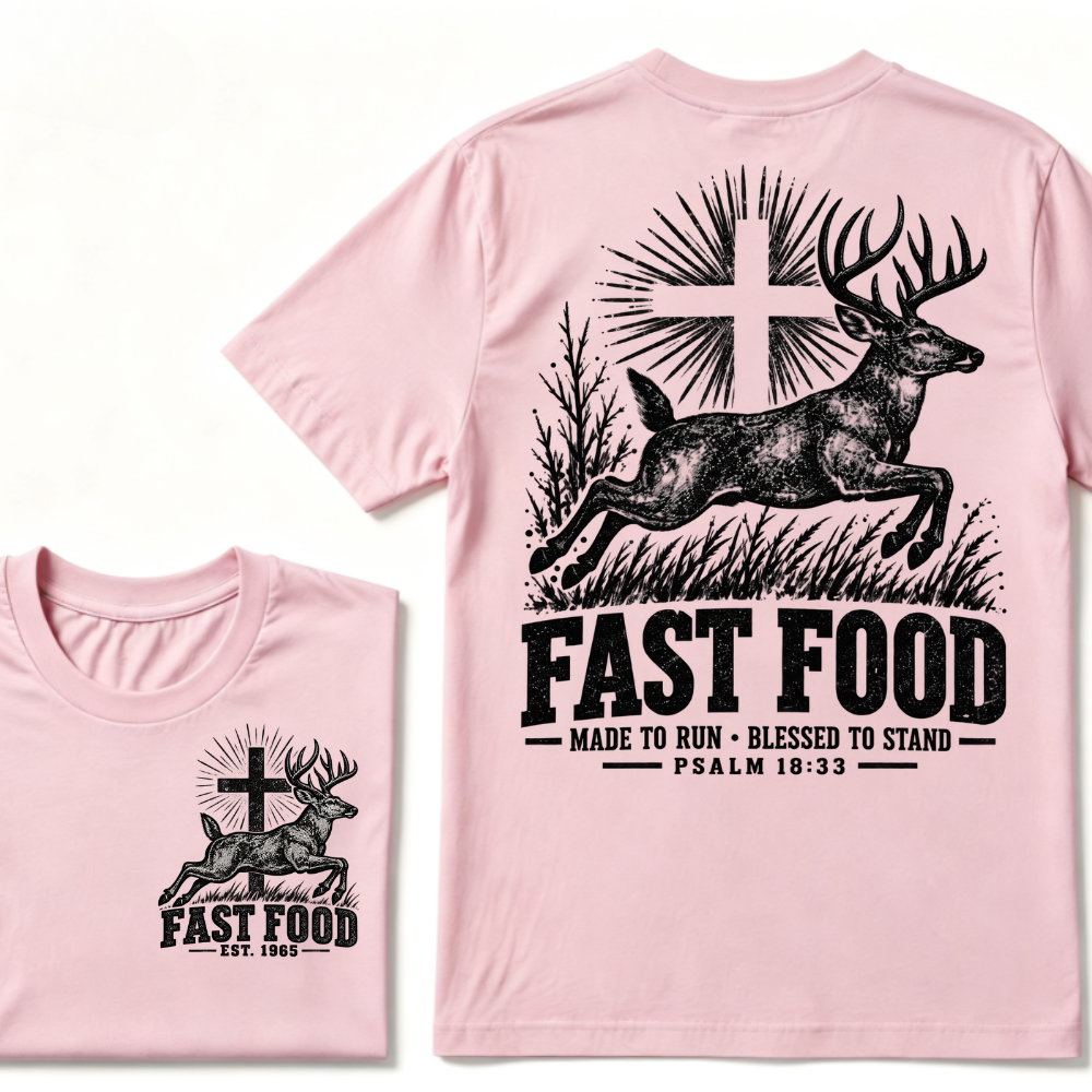 EST.Year Fast Food Made To Run Blessed To Stand Psalm 18:33 Deer Cross Hunting T-Shirt