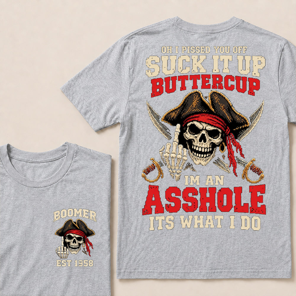 Retro Pixel Pirate Skull T-Shirt | Crossed Cutlasses & Red Bandana "Suck It Up" Graphic Tee